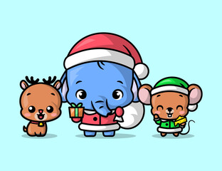 A CUTE ELEPHANT IS WEARING SANTA COSTUME AND BRINGING A GIFT BAG WITH A REINDEER AND MOUSE.