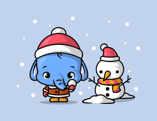 A CUTE ELEPHANT IS PLAYING OUTDOOR AND MAKING A SNOWMAN.