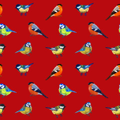 Colorful digital pattern with forest birds, Christmas branches . Red background.