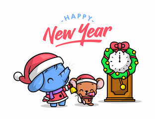 A CUTE ELEPHANT AND A MOUSE IN SANTA COSTUME IS CELEBRATING NEW YEAR EVE. 