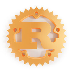 Rust. Programming language. Golden 3D logo on white background. 3D rendering.