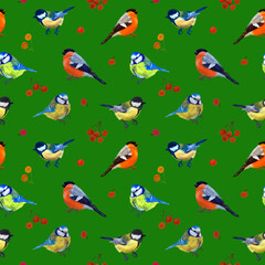 Colorful digital pattern with forest birds, Christmas branches and red berries. Green background.