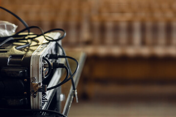Closeup photo of real authentic audio sound mixer equipment
