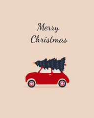 Merry Christmas vintage greeting card  with car with Christmas tree on it template.Vector design element