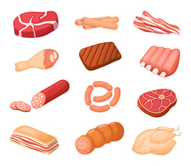 Different meat cartoon products vector set. Chicken, sausages and bacon. Steaks, pork and ribs collection. Beef, ham, fillet and lamb, product ingredient illustration.