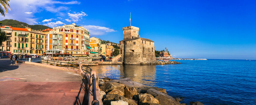 Beautiful italian coastal town Rapallo. View of medieval fortress and promenade. Italy, Liguria