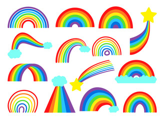 Cartoon rainbow vector collection set. Colourful rainbows, stars and cloud with rainbow colors tail. Hand drawn color arc vector illustration set. Cartoon rainbow doodle, graphic colorful collection.