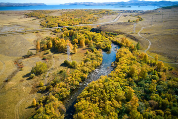 Autumn landscape from the air. Yellow trees on the river bank. Sarma River , Lake Baikal. - obrazy, fototapety, plakaty
