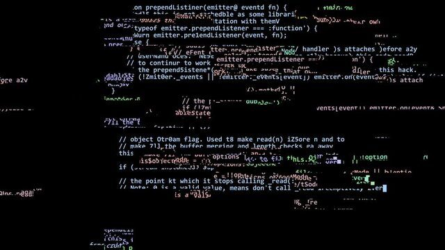 The text on the black monitor screen is continuously destroyed, changing color. Hacker invasion.