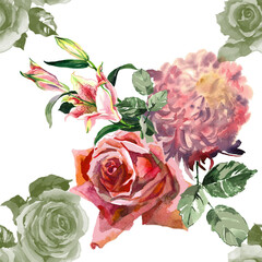 Rose, chrysanthemum and lily bouquet watercolor on white background seamless pattern for all prints.