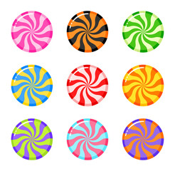 Peppermint Candy, glossy swirl candy, round candy set vector isolated