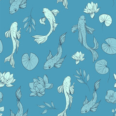 Fish koi seamless pattern. Vector sketch illustration