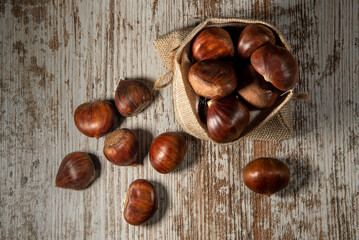 Chestnuts spilled from a canvas sack. Top view.