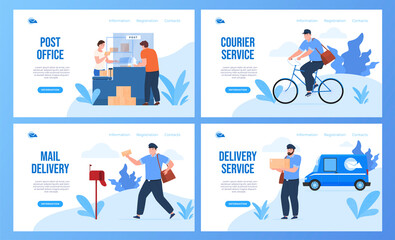 Post office service landing page vector illustration mail delivery, parcel, box, letter shipping
