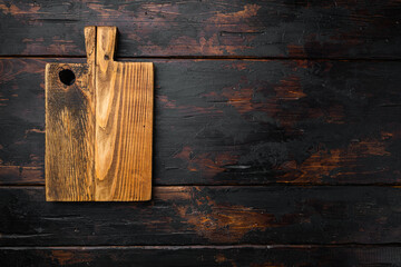 , top view flat lay , with copy space for text or food, on old dark  wooden table background