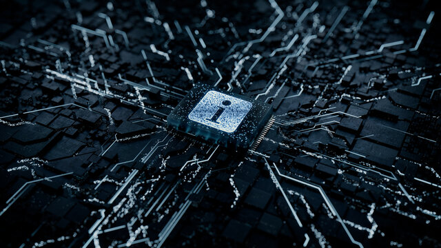 Information Technology Concept with info symbol on a Microchip. Data flows from the CPU across a Futuristic Motherboard. 3D render.