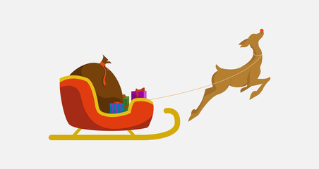 Christmas deer with santa sleigh and gift bag isolated illustration. santa sleigh clipart on white background.