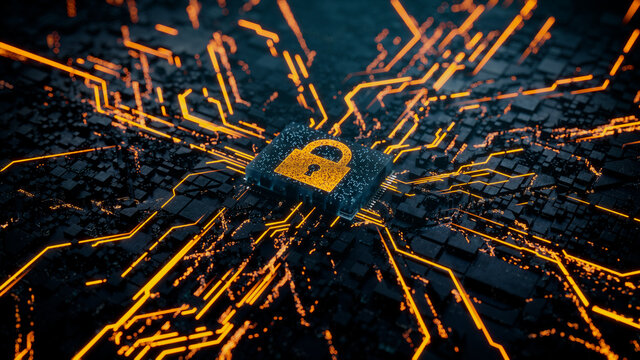 Security Technology Concept with lock symbol on a Microchip. Data flows from the CPU across a Futuristic Motherboard. 3D render.