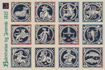 Zodiac medieval-style illustrations set. - obrazy, fototapety, plakaty