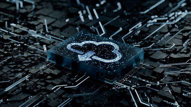 Data storage Technology Concept with cloud download symbol on a Microchip. Data flows from the CPU across a Futuristic Motherboard. 3D render.