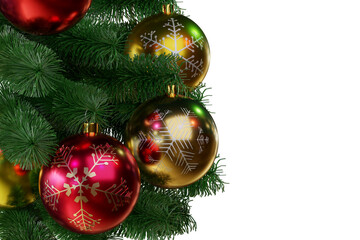 Red and golden christmas balls on christmas tree isolated on white background. 3d illustration.