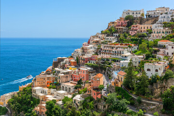 The picturesque small Italian town of Positano, descending from the terraces from the mountains to...
