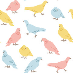Seamless pattern with multicolored doves on white background