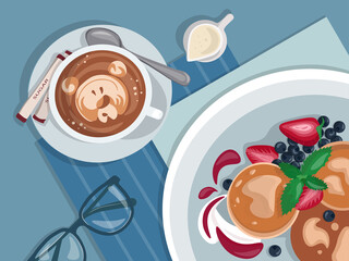 Breakfast with coffee and cheesecakes and berries on the table, graphics