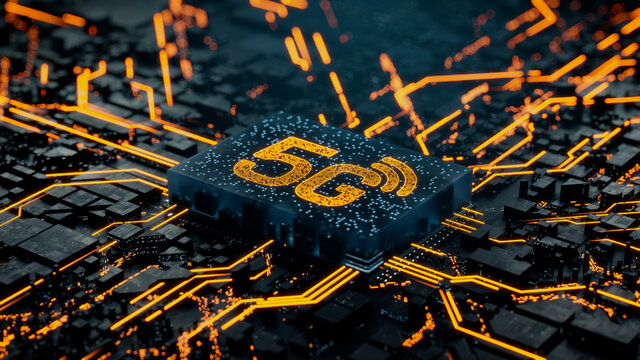 Wireless Technology Concept with 5G symbol on a Microchip. Data flows from the CPU across a Futuristic Motherboard. 3D render.