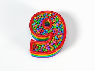 Number 9 shaped child pool filled with plastic toy balls. Suitable for kids, games and toy themes. 3D illustration