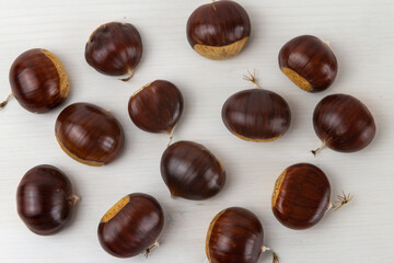 Ripe chestnuts, freshly picked and removed from the hedgehog, arranged on a white wooden surface.