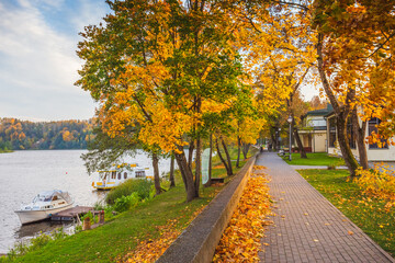 Lithuania nature at autumn. Beautiful Lithuanian landscape in Autumn. Nemunas River in town Birstonas, Dzukija ethnographic region of Lithuania.