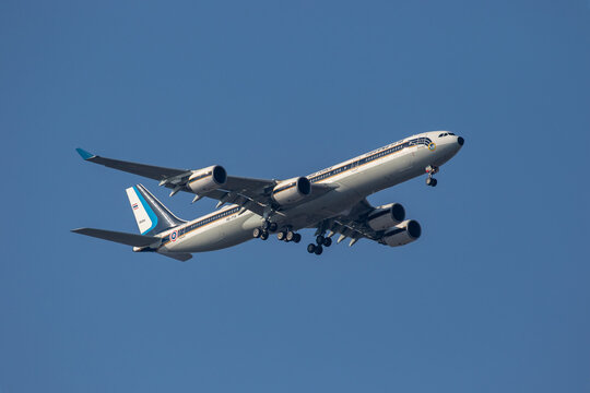 TOKYO, JAPAN - Mar 2, 2019: Royal Thai Air Force(RTAF) Airbus345(HS-TYV) final approaching Yokota Air Base.