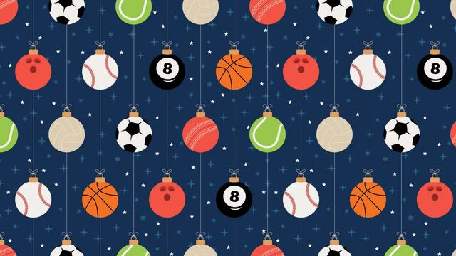 Sport Christmas seamless pattern. Christmas pattern with sport baseball, basketball, football, tennis, cricket, soccer, volleyball, bowling, billiard balls hang on a thread. 4k video animation