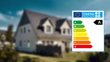 Energie Label Grafik vor Eigenheim oder Einfamilienhaus