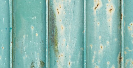 Weathered green and blue metal surface with vertical lines and rust mark.  Rough vintage paint texture, horizontal image.