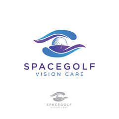 spacegolf vision care logo, creative abstract eye with  golf ball and golf course in space