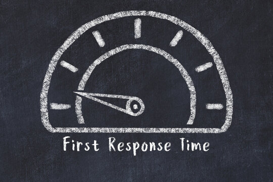 Chalk sketch of speedometer with low value and iscription First Response Time. Concept of low logistics KPI