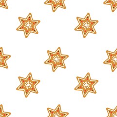 Fototapeta na wymiar Gingerbread stars Christmas seamless pattern. Background with traditional pastries. Gingerbread cookies decorated with glaze. Template for packaging, fabric and gifts.