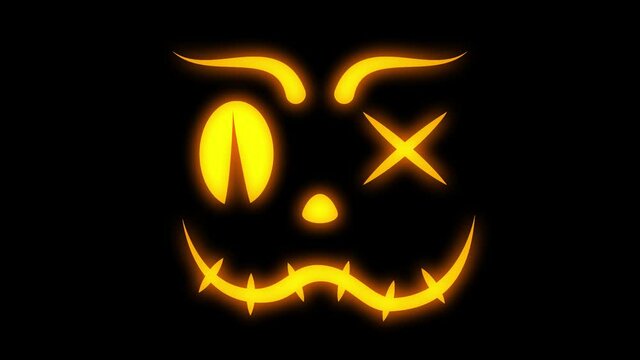 Scary Halloween neon face animation. Halloween pumpkin or ghost grimace video. Fire terrible eyes and mouth clip. Emotions of skeletons for Halloween night party.