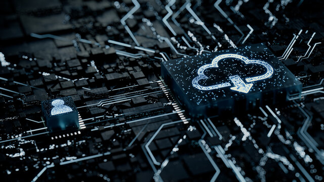 Data storage Technology Concept with cloud download symbol on a Microchip. White Neon Data flows between the CPU and the User across a Futuristic Motherboard. 3D render.