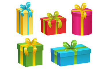 Cartoon gift box. Christmas presents, gifting boxes and present winter holidays gifts. Secret boxing with surprises vector set