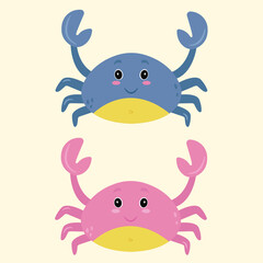 Vector hand drawn cartoon illustration of a two cute smiling happy crabs, lifting up claws, isolated on white background