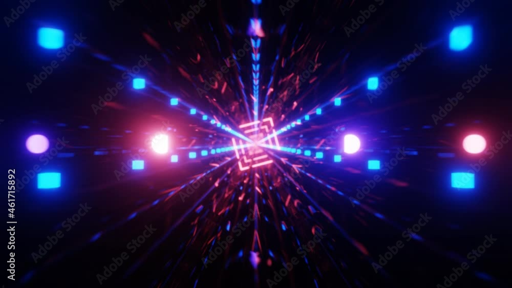 Poster advanced triangular square shaped neon red blue technology tunnel. 3d rendering, vj loop.