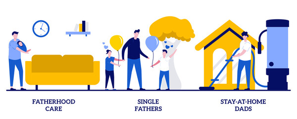 Fatherhood care, single fathers, stay-at-home dads concept with tiny people. Daddy spending time with kid abstract vector illustration set. Men taking paternity leave, childcare metaphor