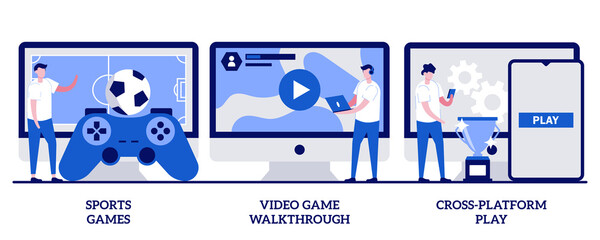 Sports games, video game walkthrough, cross-platform play concept with tiny people. Digital gaming vector illustration set. Console playing, online multiplayer, e-sport league, streaming metaphor