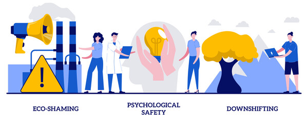 Eco-shaming, psychological safety, downshifting concept with tiny people. Social anxiety vector illustration set. Simple living, minimal lifestyle, escape, internet shaming, propaganda metaphor
