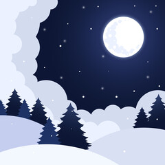 Christmas night landscape, winter landscape with moon, winter night landscape
