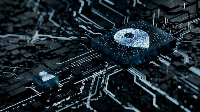 Location Technology Concept with map pin symbol on a Microchip. White Neon Data flows between the CPU and the User across a Futuristic Motherboard. 3D render.