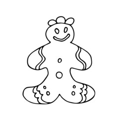The symbol of the holiday. The cute Gingerbread man icon has a black outline on a white background. A design element for the design of a banner, poster, letter, leaflet. Cartoon style.